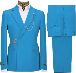 Men's Suits Slim Fit 2 Piece Suits for Men with Metal Buckle Blazer Coat Jacket Pants Set Wedding Prom Mens Tuxedos Suit Set