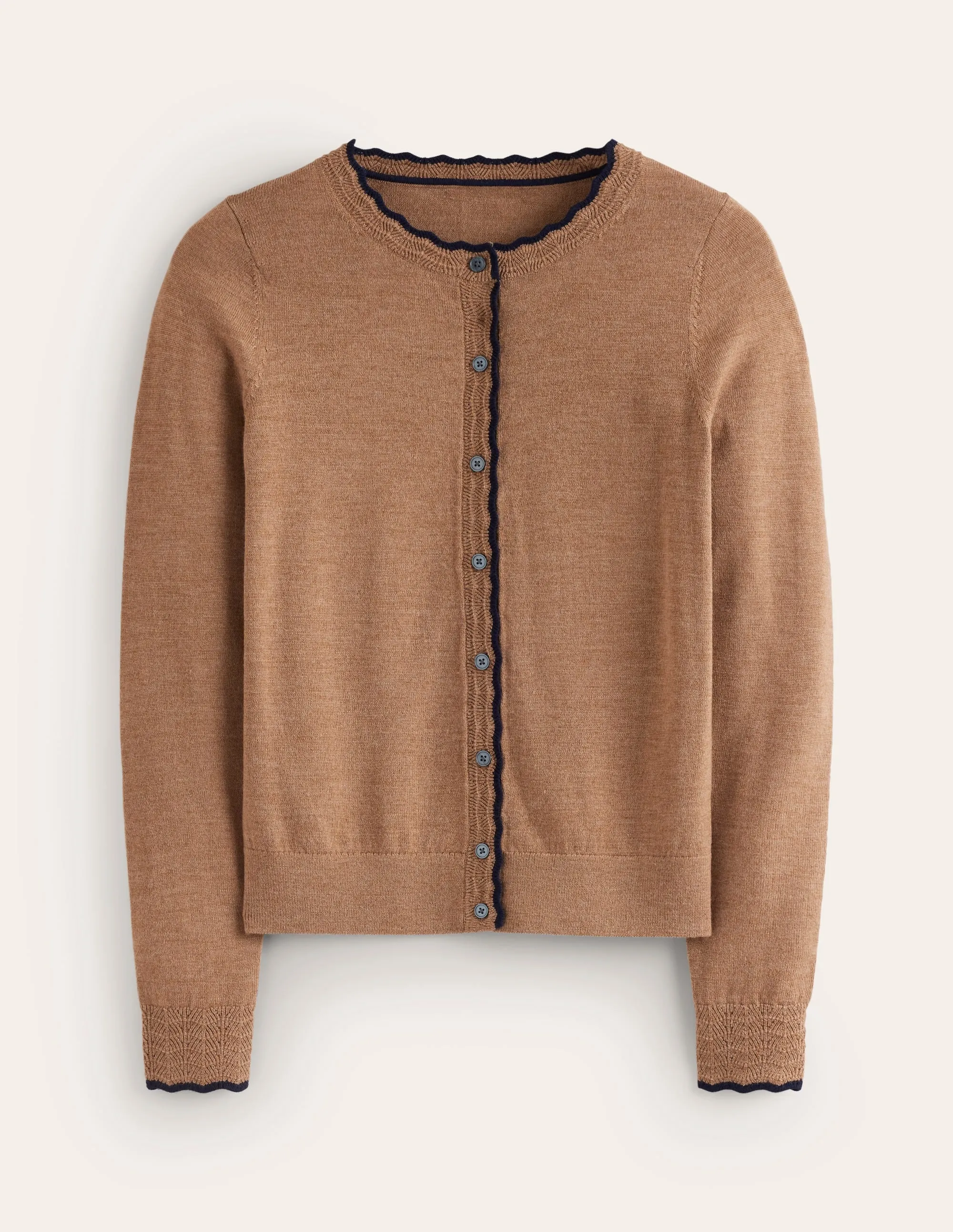 Merino Scallop Cardigan-Camel Melange