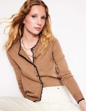 Merino Scallop Cardigan-Camel Melange