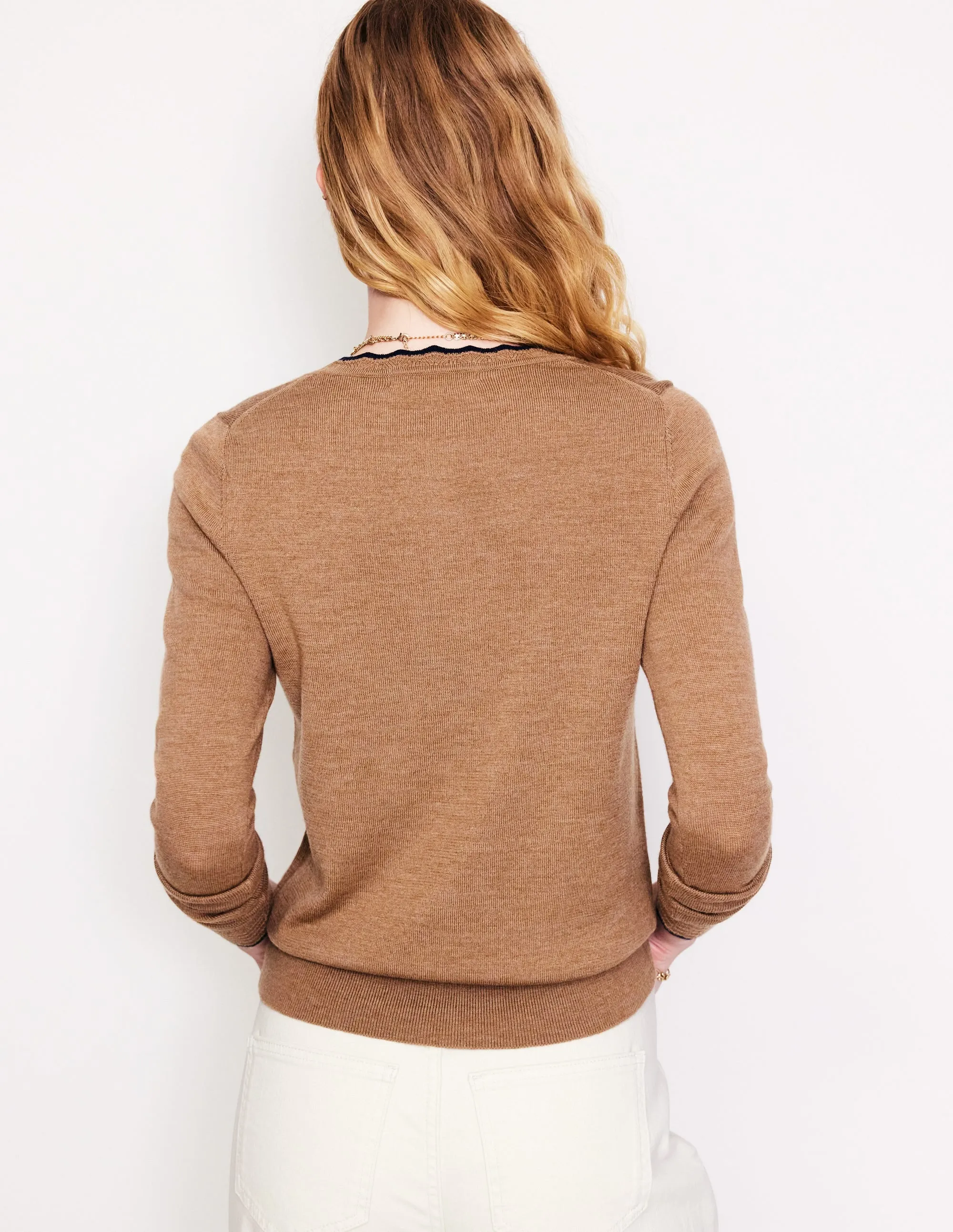 Merino Scallop Cardigan-Camel Melange