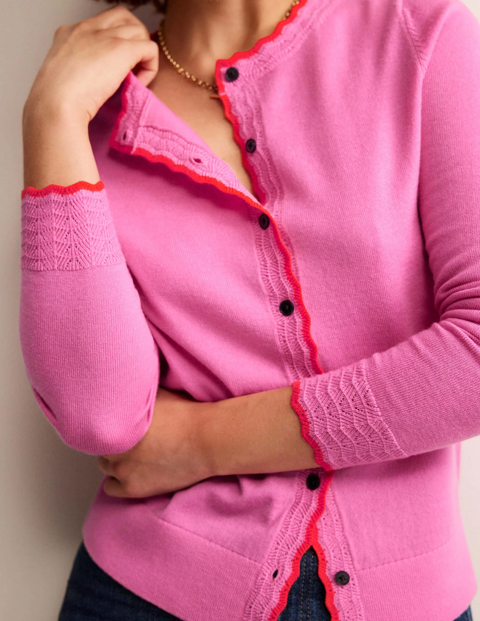 Merino Scallop Cardigan-Mid Pink