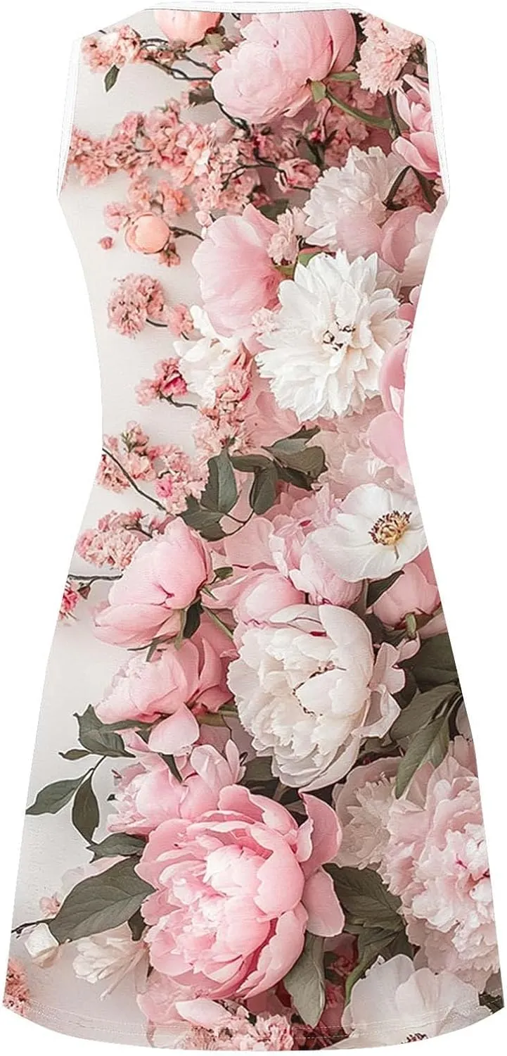 Midi Dresses for Women Summer Boho Floral Print Sleeveless Tank Dresses A-Line Casual Sundress Beach Cover Ups