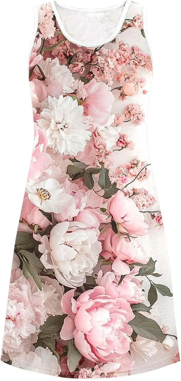 Midi Dresses for Women Summer Boho Floral Print Sleeveless Tank Dresses A-Line Casual Sundress Beach Cover Ups