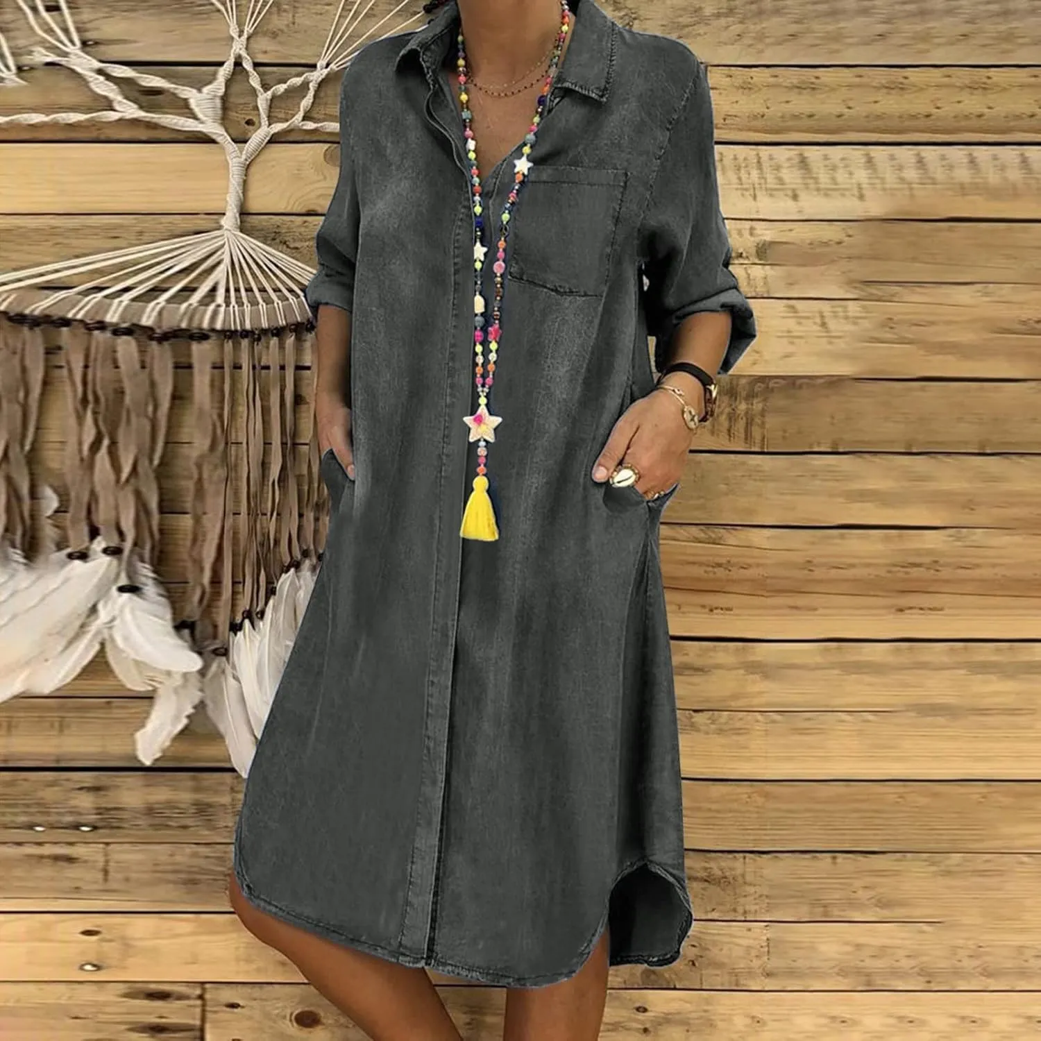 Midi Length Dresses Loose Denim Casual Dress Women Button Long Sleeve Solid Pocket V Plus Size Summer Dresses