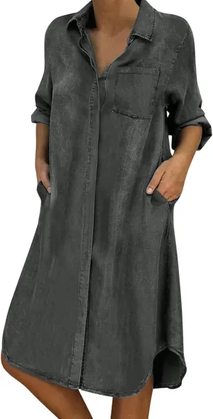Midi Length Dresses Loose Denim Casual Dress Women Button Long Sleeve Solid Pocket V Plus Size Summer Dresses