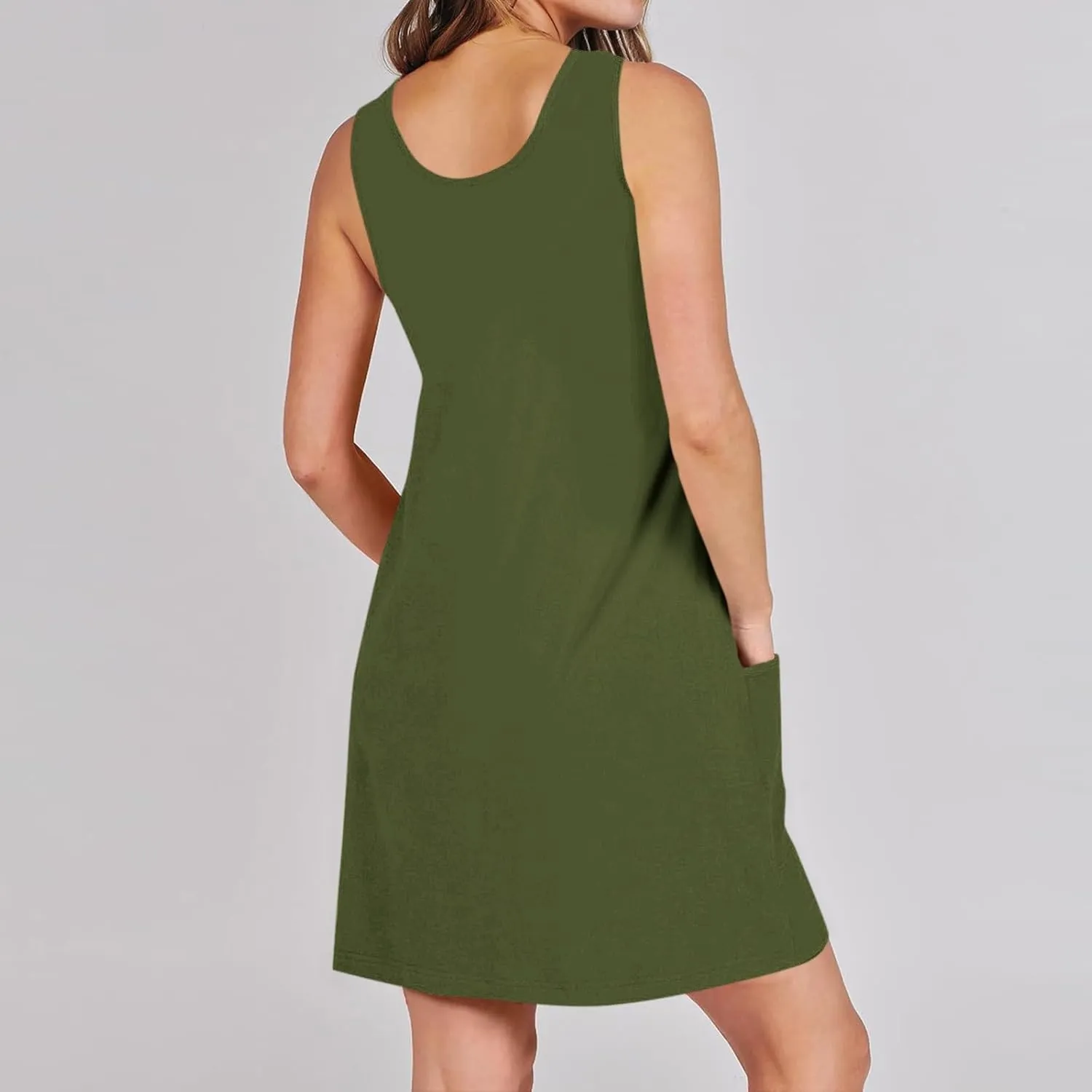 Mini Dress for Women Summer U Neck Sleeveless Beach Dresses Casual Solid Loose Fit Vacation Sundress with Pockets