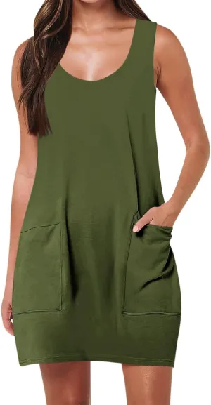 Mini Dress for Women Summer U Neck Sleeveless Beach Dresses Casual Solid Loose Fit Vacation Sundress with Pockets