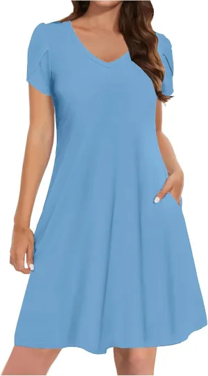 Mini Dresses for Women Casual V-Neck Short Sleeve Sundresses Ladies Fashion Summer Beach Short Dress with Pockets