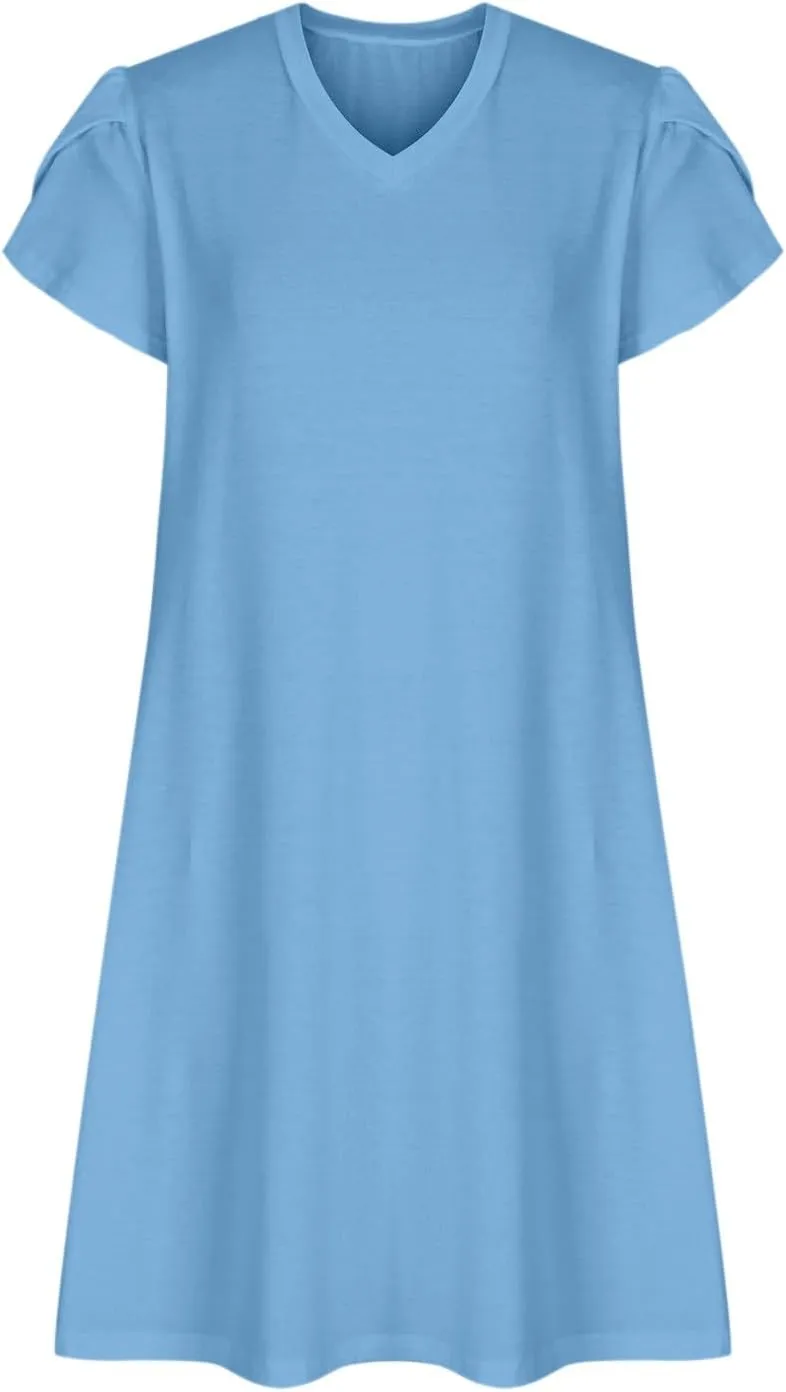 Mini Dresses for Women Casual V-Neck Short Sleeve Sundresses Ladies Fashion Summer Beach Short Dress with Pockets