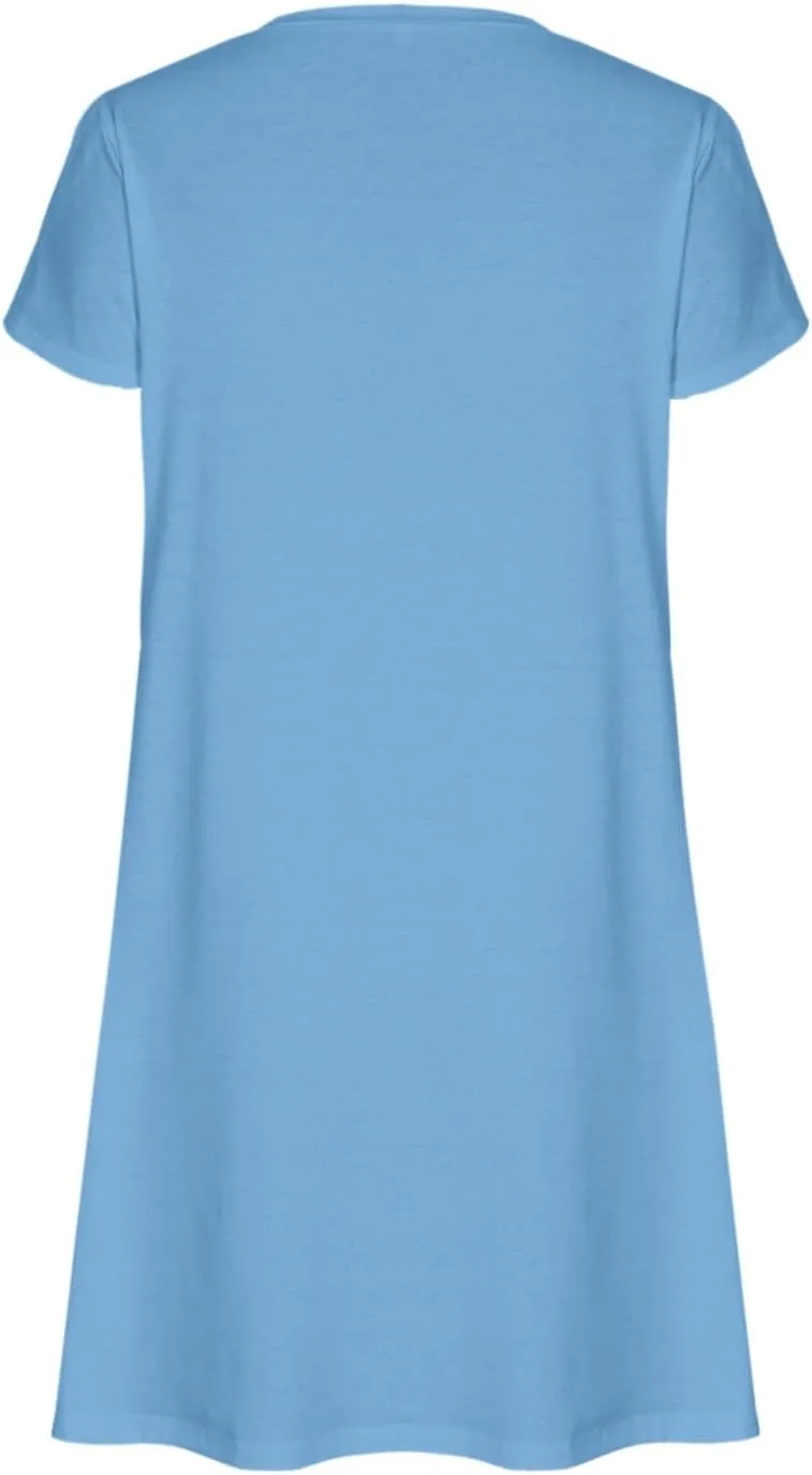 Mini Dresses for Women Casual V-Neck Short Sleeve Sundresses Ladies Fashion Summer Beach Short Dress with Pockets