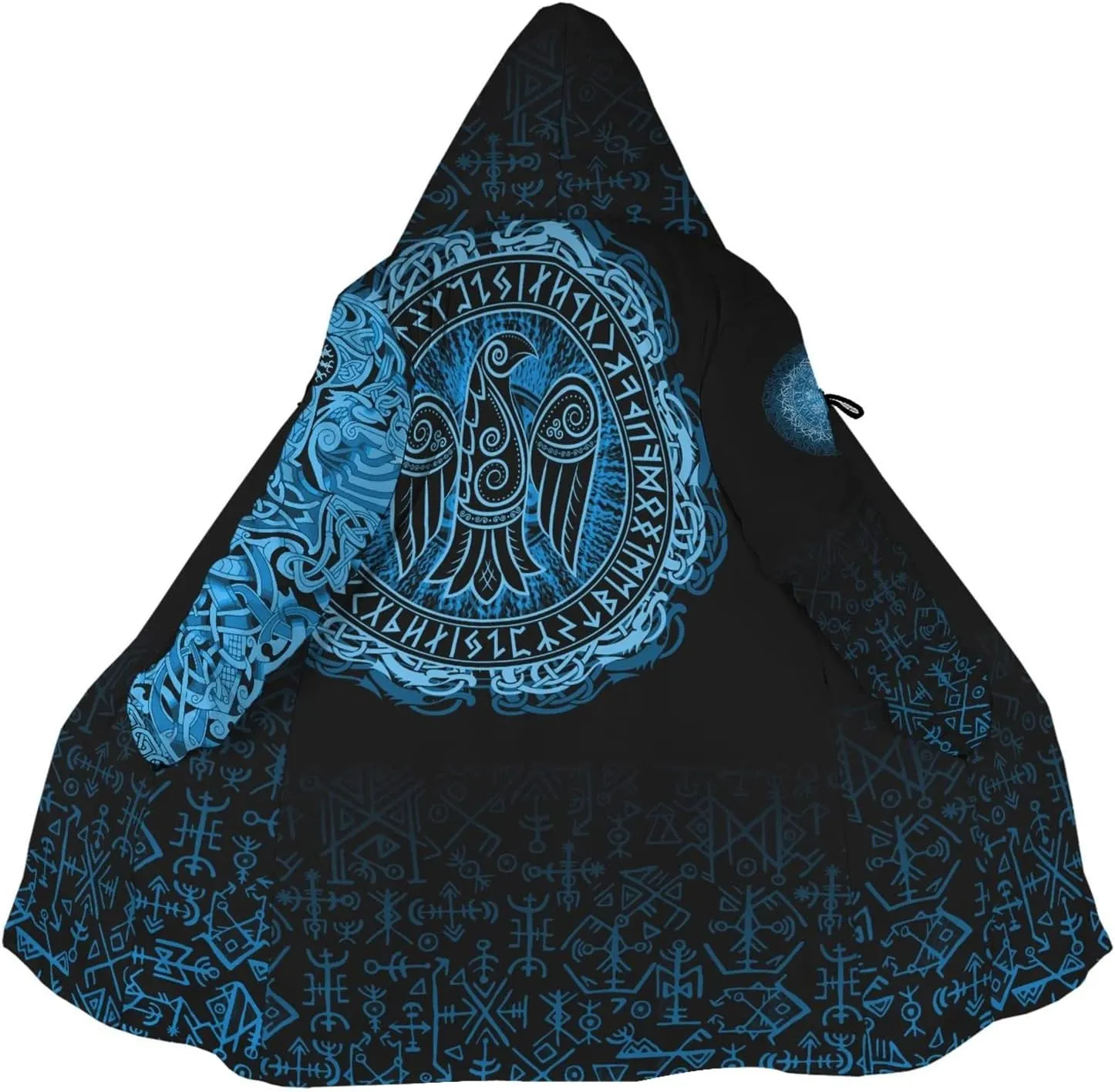 Odin Raven Men Viking Hooded Coat, Nordic Faux Cashmere Cloak 3D Printed Overcoat Winter Mid-Length Parka Jacket