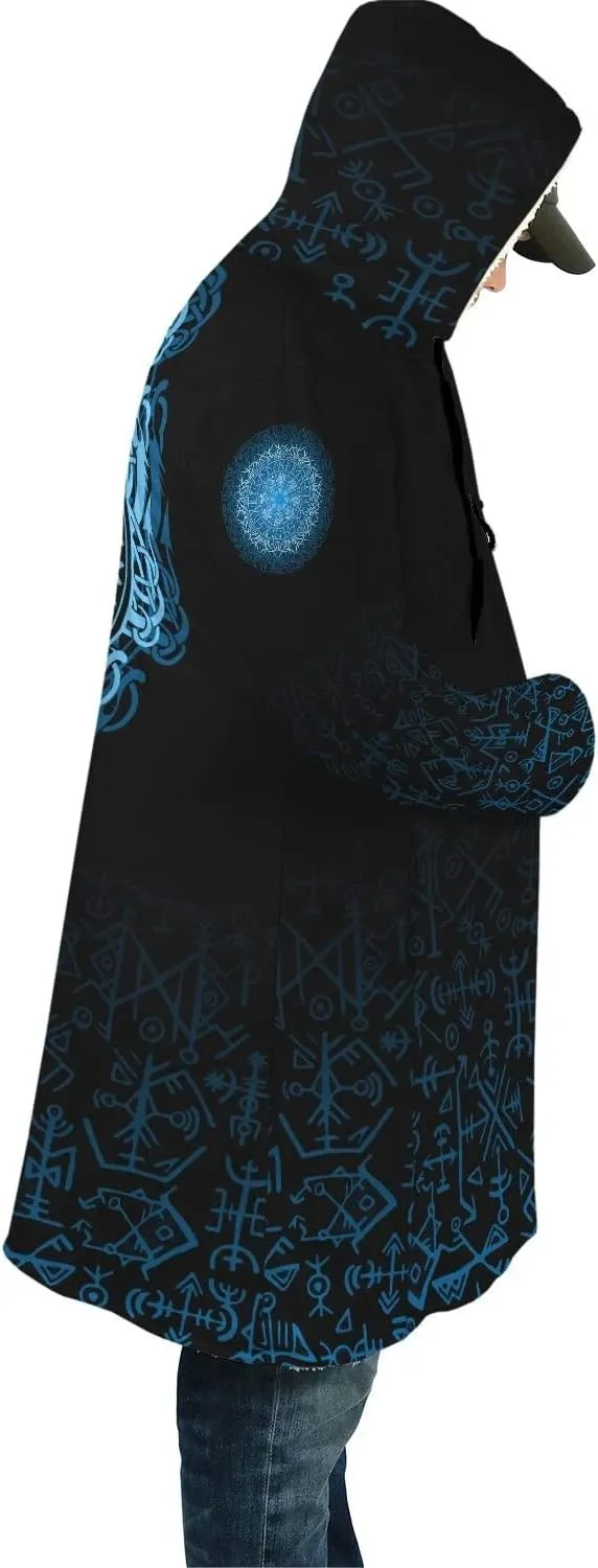 Odin Raven Men Viking Hooded Coat, Nordic Faux Cashmere Cloak 3D Printed Overcoat Winter Mid-Length Parka Jacket