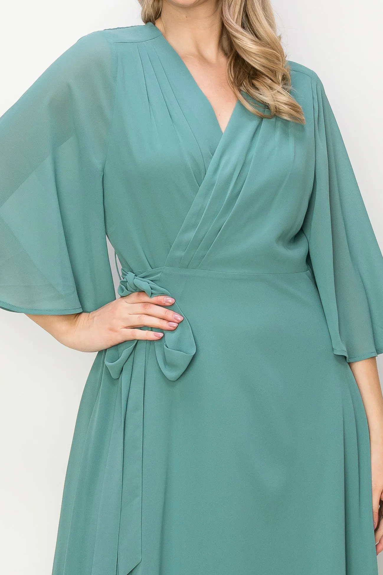 ONE THE LAND Elegant Wrap Knit V Neck Midi Dress With Side Tie In Dusty Teal