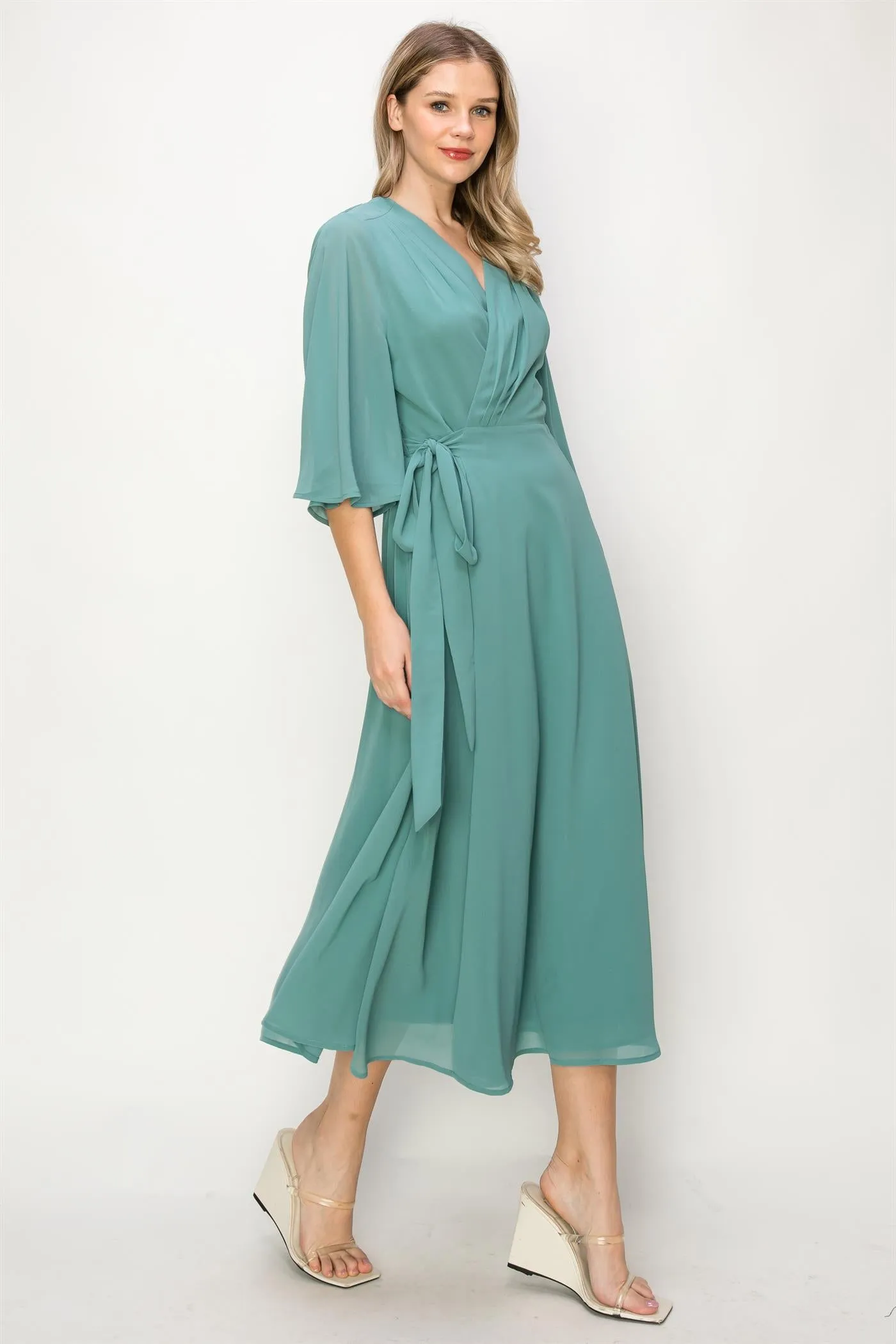 ONE THE LAND Elegant Wrap Knit V Neck Midi Dress With Side Tie In Dusty Teal