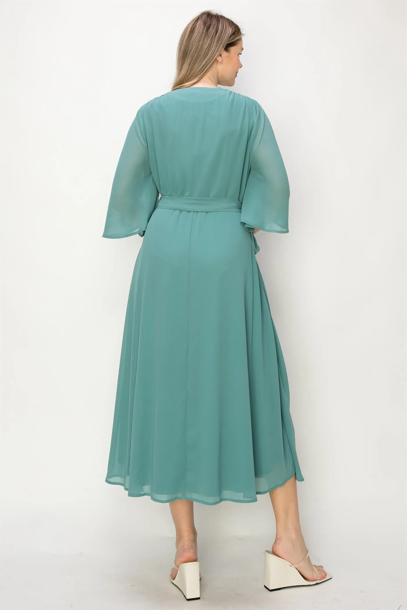 ONE THE LAND Elegant Wrap Knit V Neck Midi Dress With Side Tie In Dusty Teal