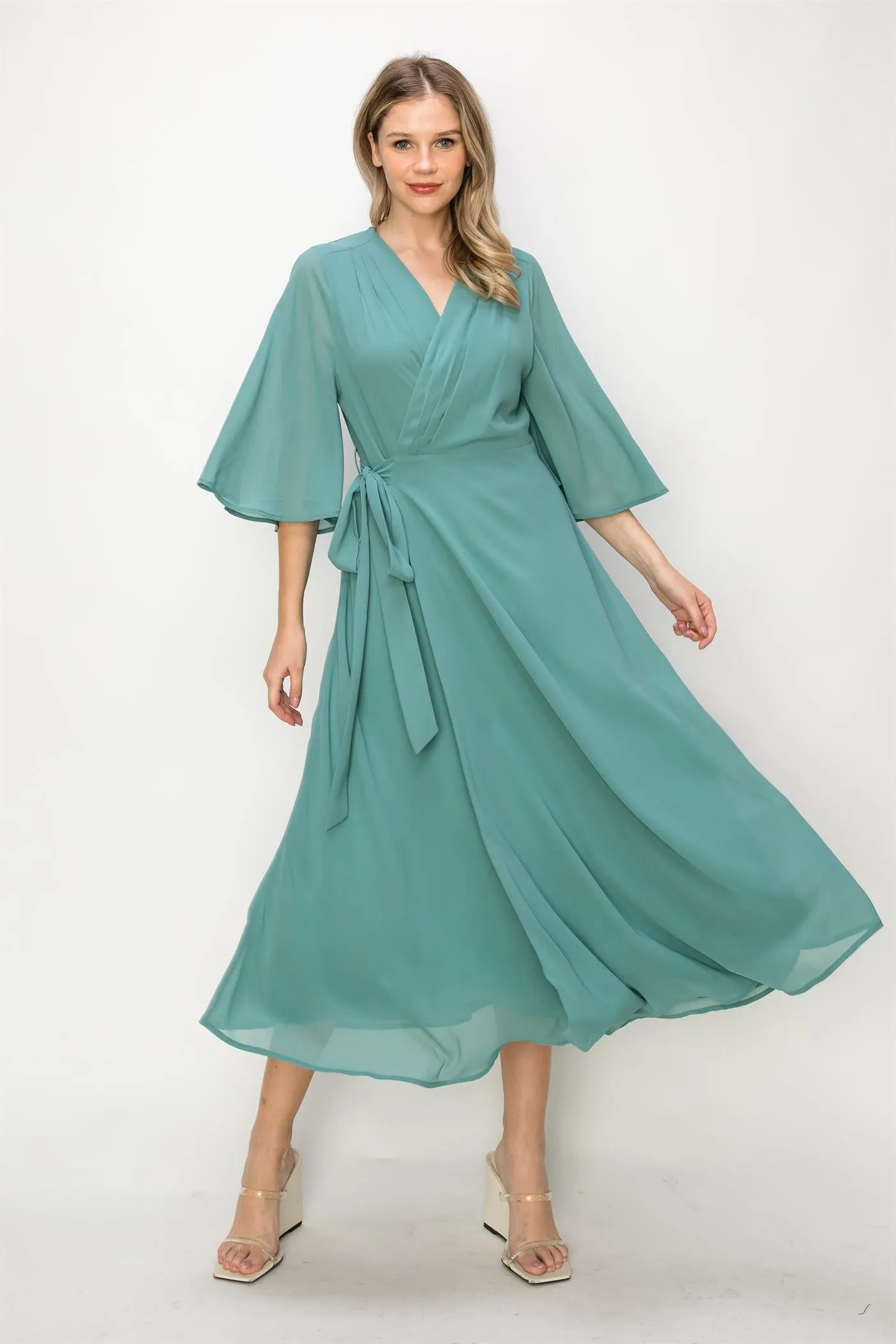 ONE THE LAND Elegant Wrap Knit V Neck Midi Dress With Side Tie In Dusty Teal