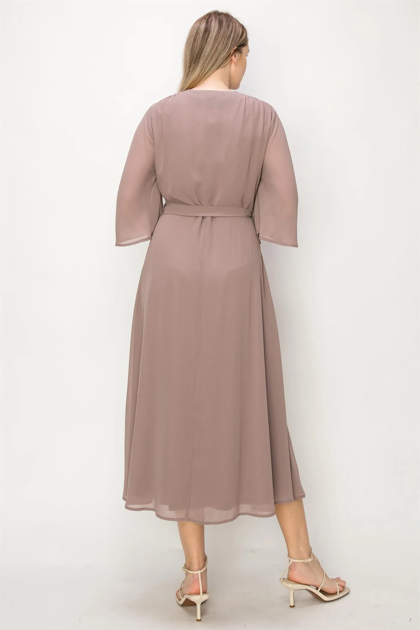 ONE THE LAND Elegant Wrap Knit V Neck Midi Dress With Side Tie In Taupe