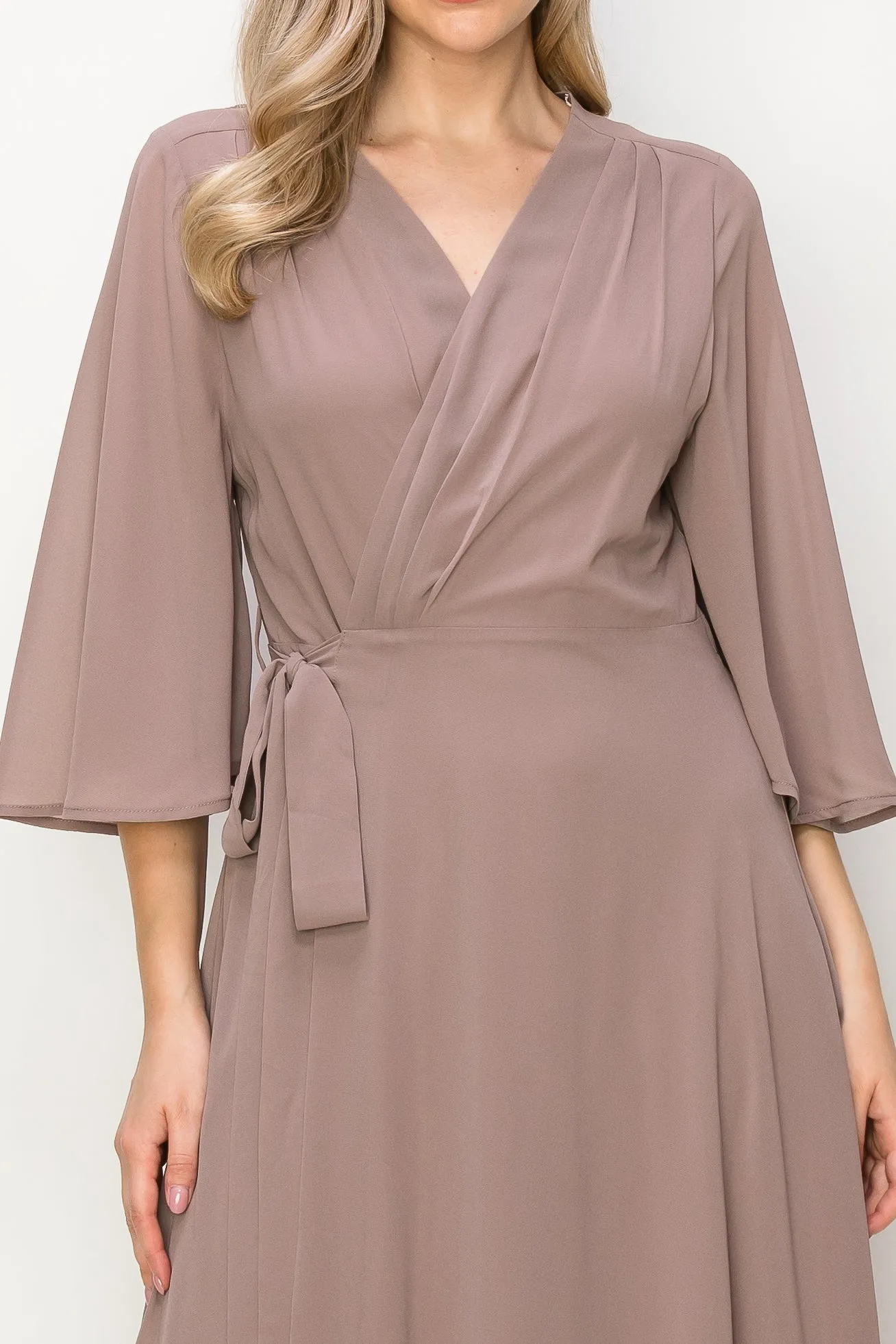 ONE THE LAND Elegant Wrap Knit V Neck Midi Dress With Side Tie In Taupe