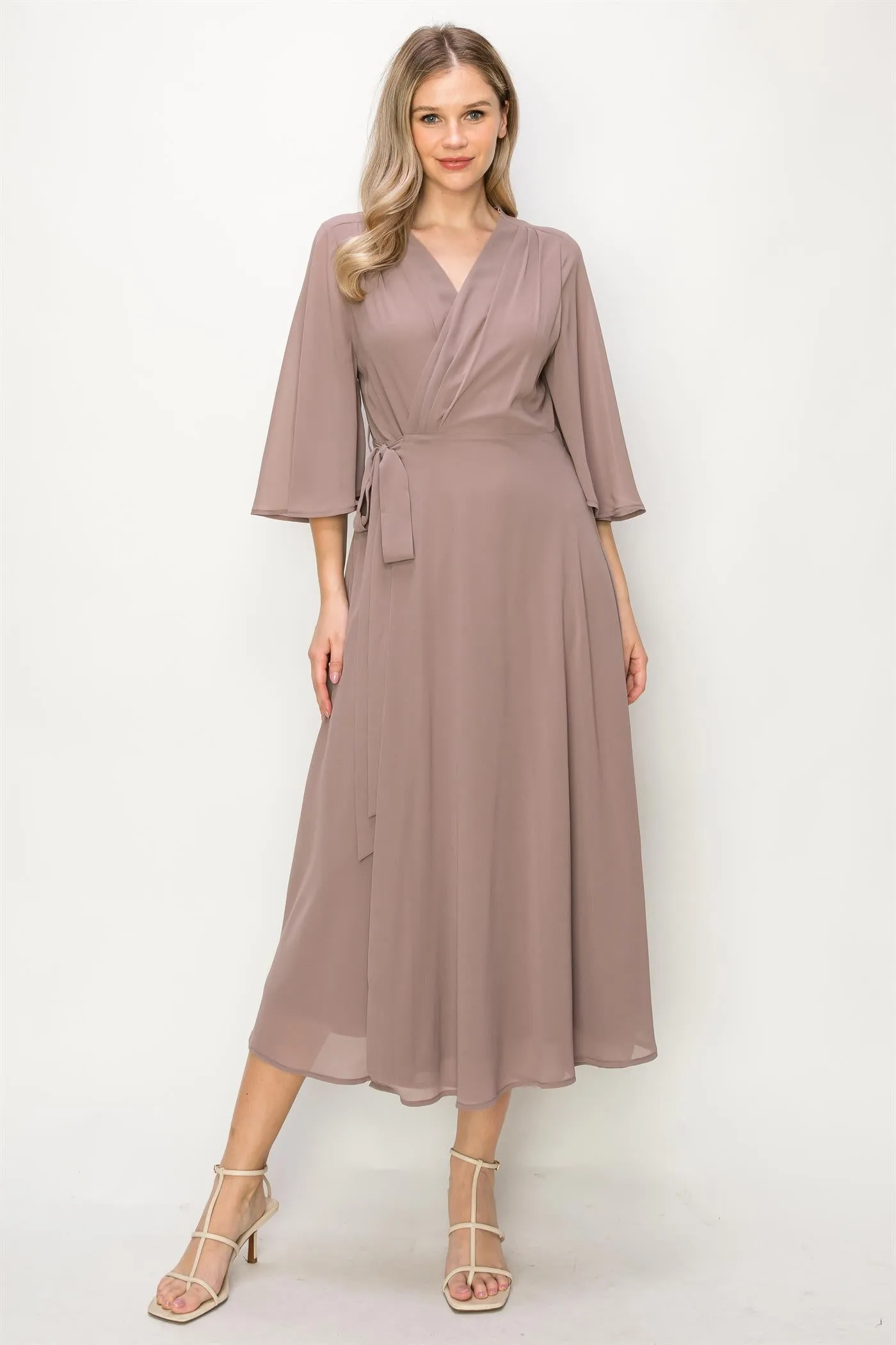 ONE THE LAND Elegant Wrap Knit V Neck Midi Dress With Side Tie In Taupe