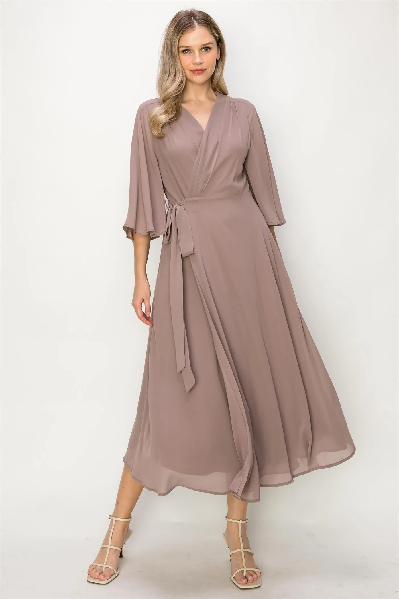 ONE THE LAND Elegant Wrap Knit V Neck Midi Dress With Side Tie In Taupe