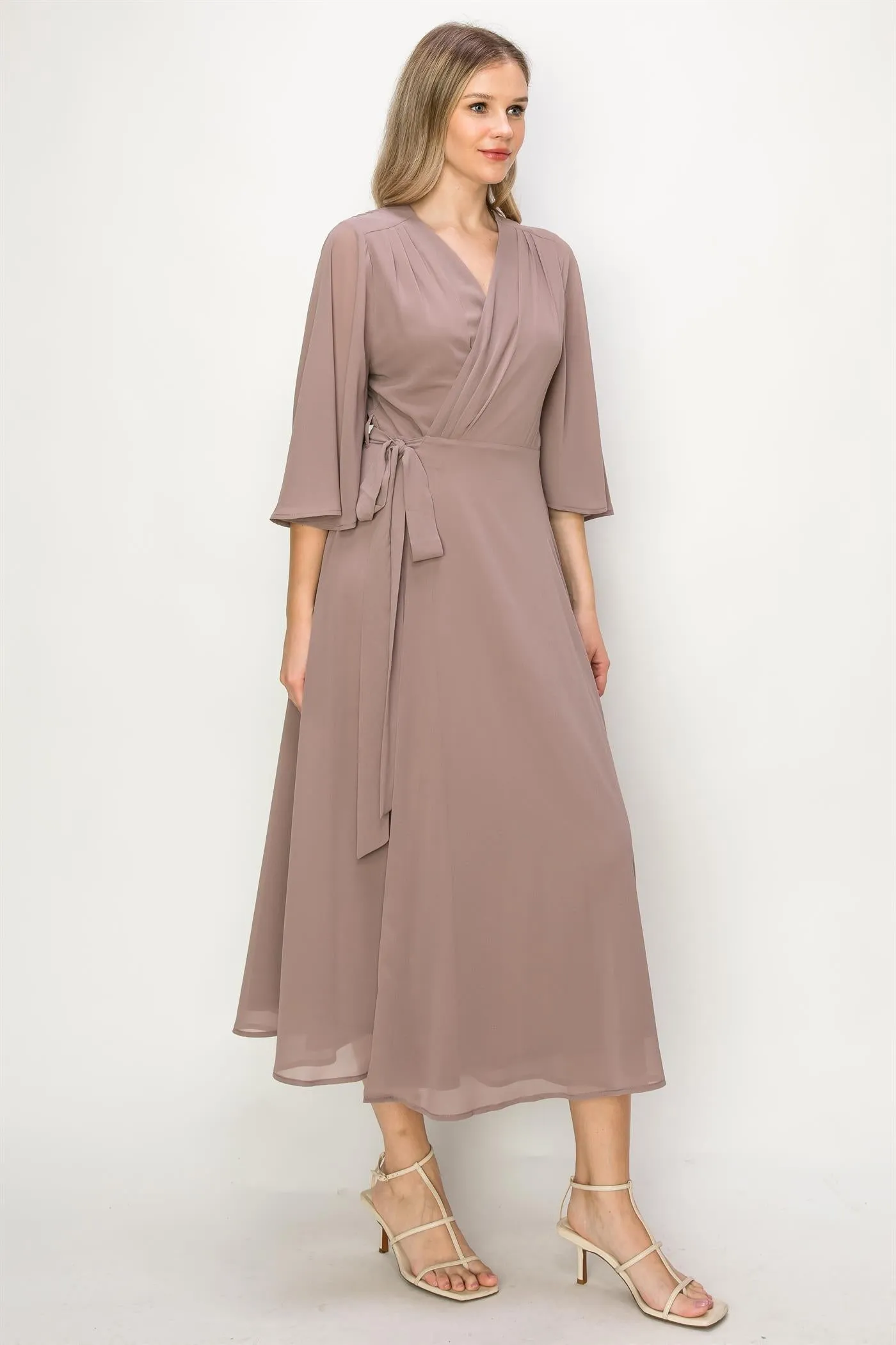 ONE THE LAND Elegant Wrap Knit V Neck Midi Dress With Side Tie In Taupe