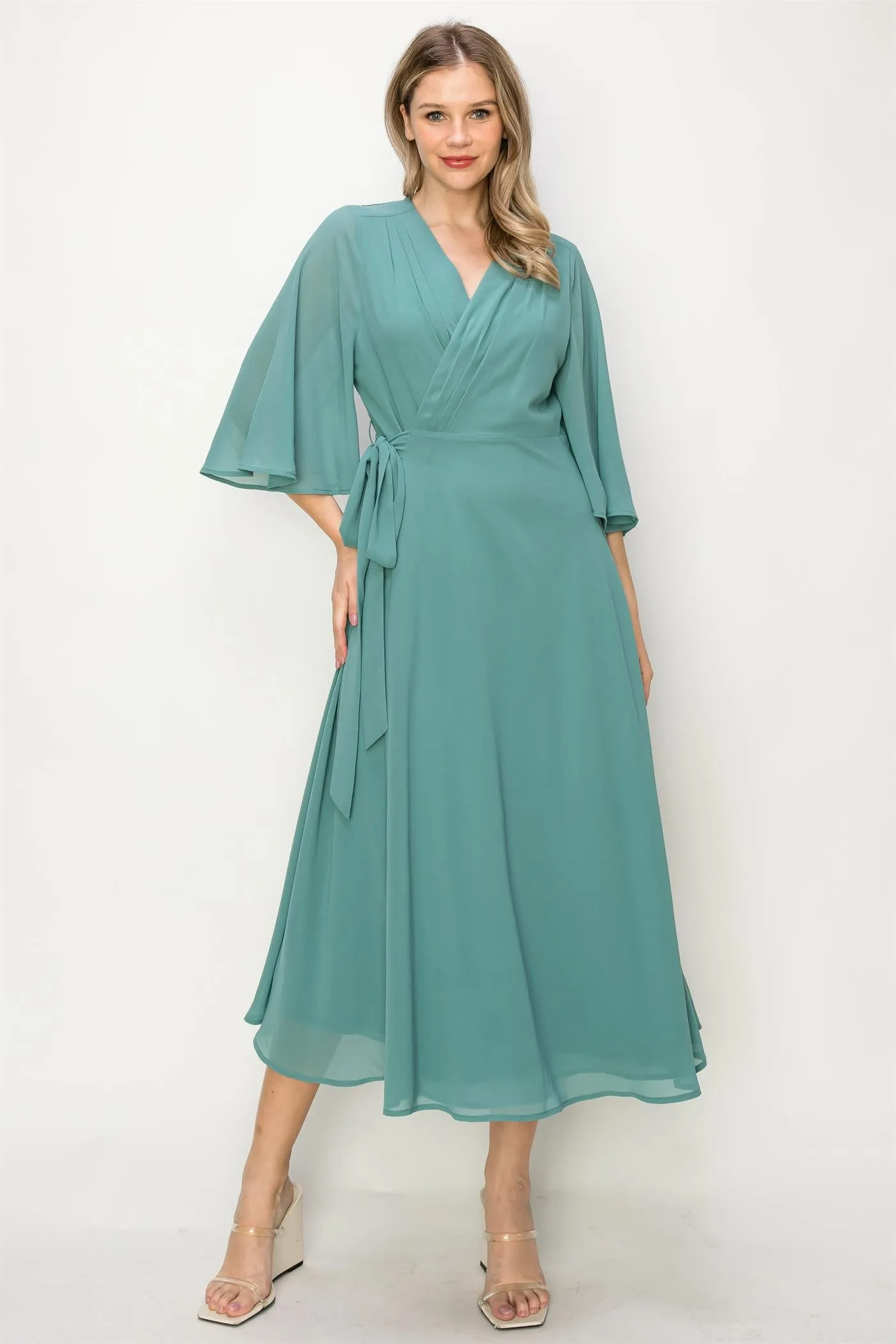 ONETHELAND Elegant Wrap Knit V Neck Midi Dress With Side Tie In Dusty Teal