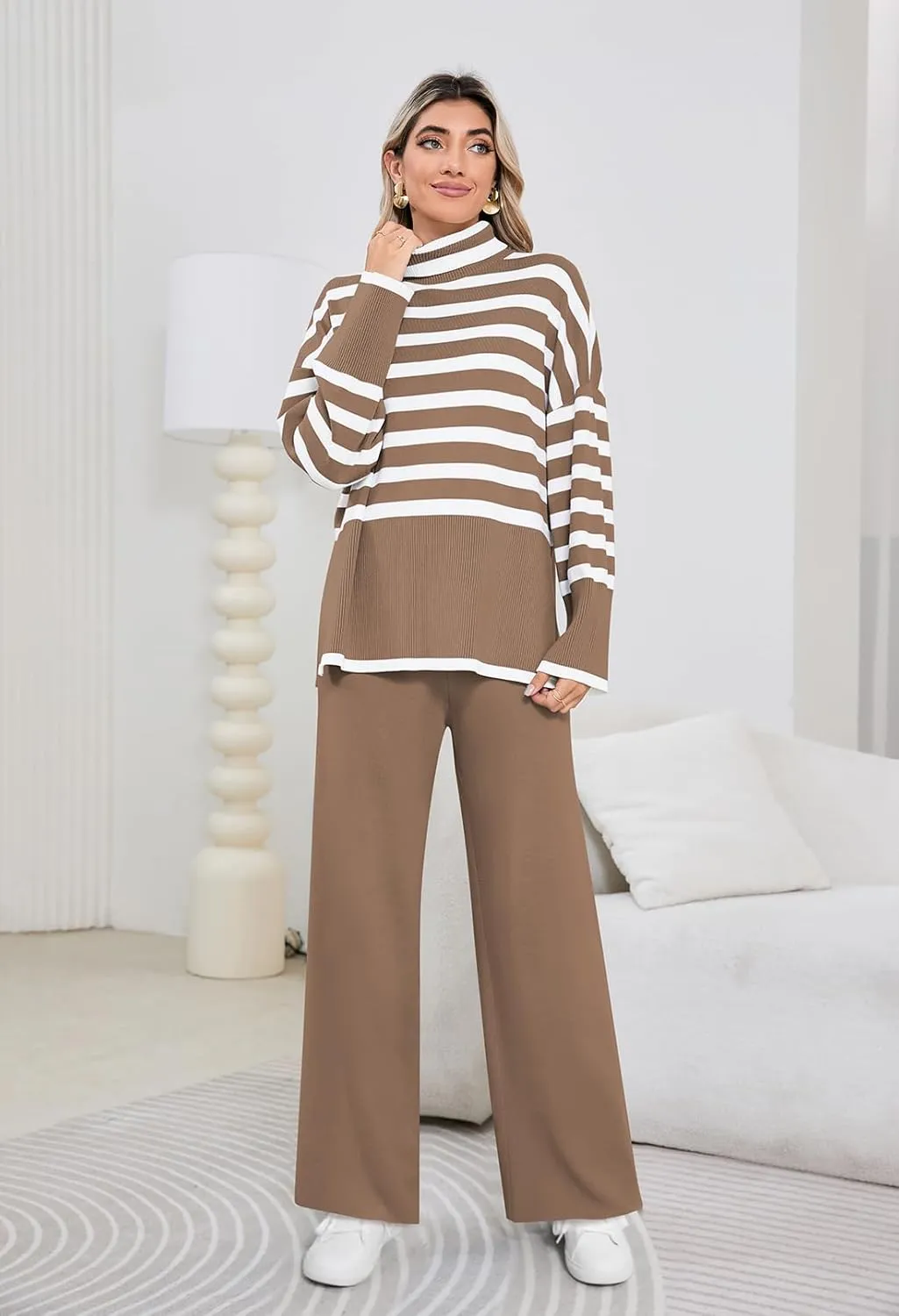 Pink Queen Lounge Sets For Women Two Pieces Long Sleeve Striped Sweater and Wide Leg Pants Tracksuit