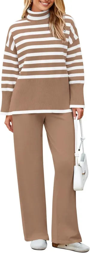 Pink Queen Lounge Sets For Women Two Pieces Long Sleeve Striped Sweater and Wide Leg Pants Tracksuit