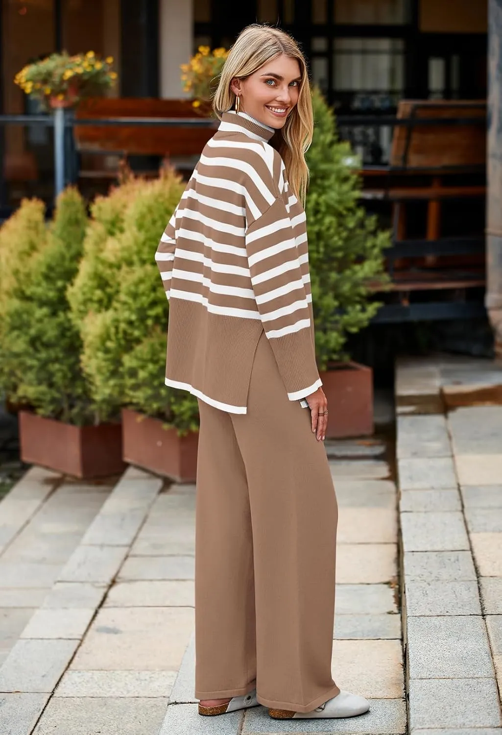Pink Queen Lounge Sets For Women Two Pieces Long Sleeve Striped Sweater and Wide Leg Pants Tracksuit