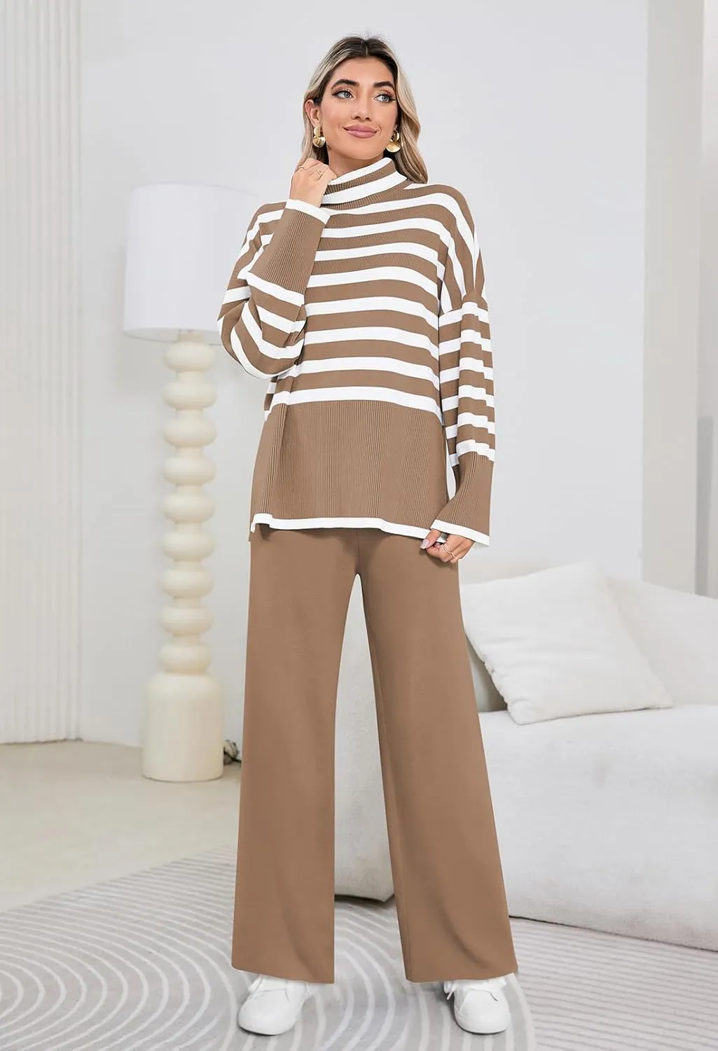 Pink Queen Lounge Sets For Women Two Pieces Long Sleeve Striped Sweater and Wide Leg Pants Tracksuit