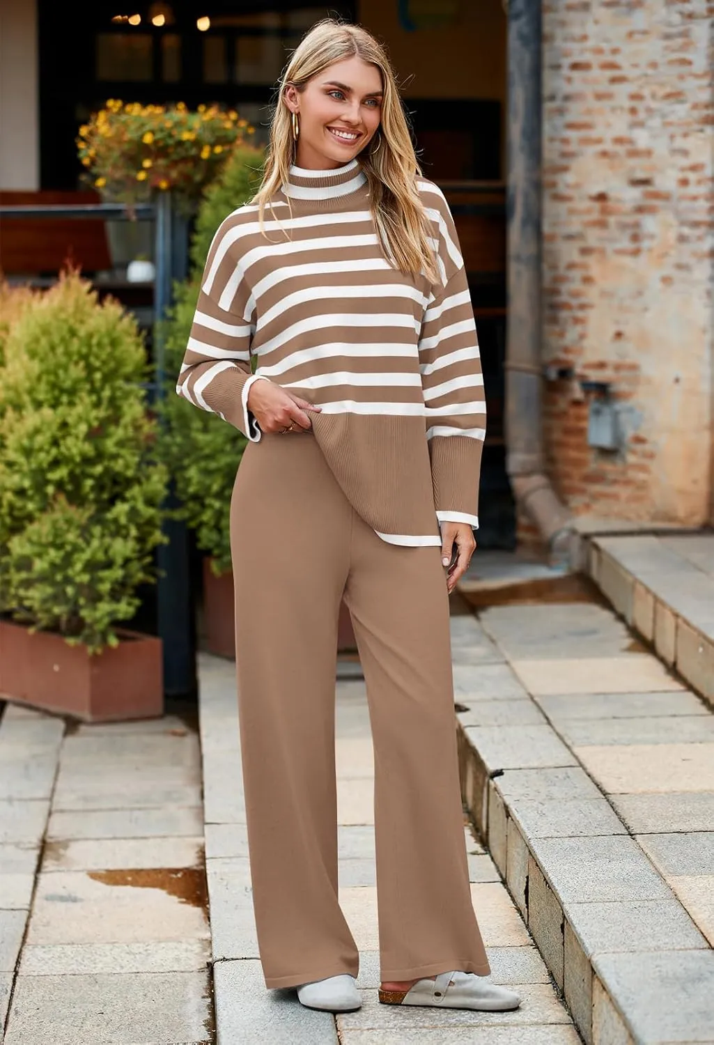 Pink Queen Lounge Sets For Women Two Pieces Long Sleeve Striped Sweater and Wide Leg Pants Tracksuit
