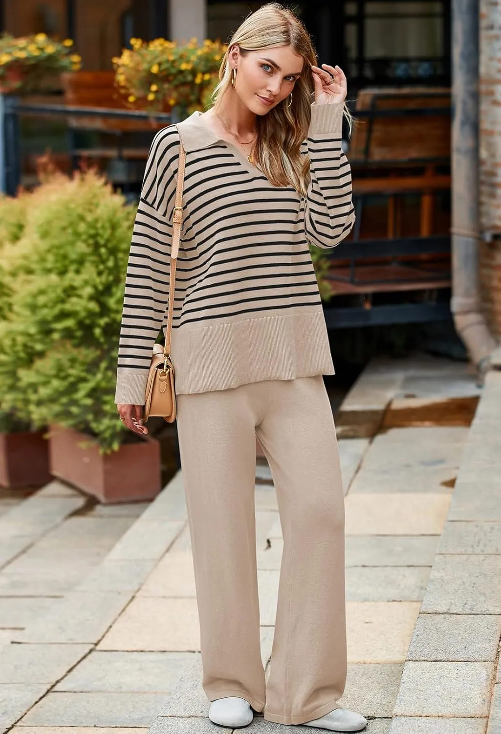 Pink Queen Sweater Sets for Women 2 Piece Long Sleeve Collar V Neck Sweatsuit Knitted Stripe Pajamas