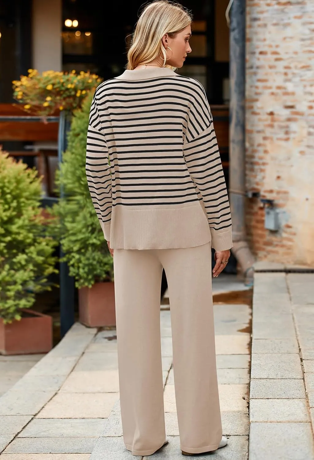 Pink Queen Sweater Sets for Women 2 Piece Long Sleeve Collar V Neck Sweatsuit Knitted Stripe Pajamas