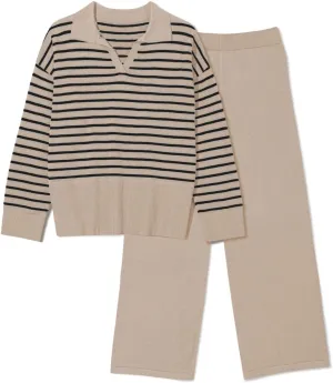 Pink Queen Sweater Sets for Women 2 Piece Long Sleeve Collar V Neck Sweatsuit Knitted Stripe Pajamas