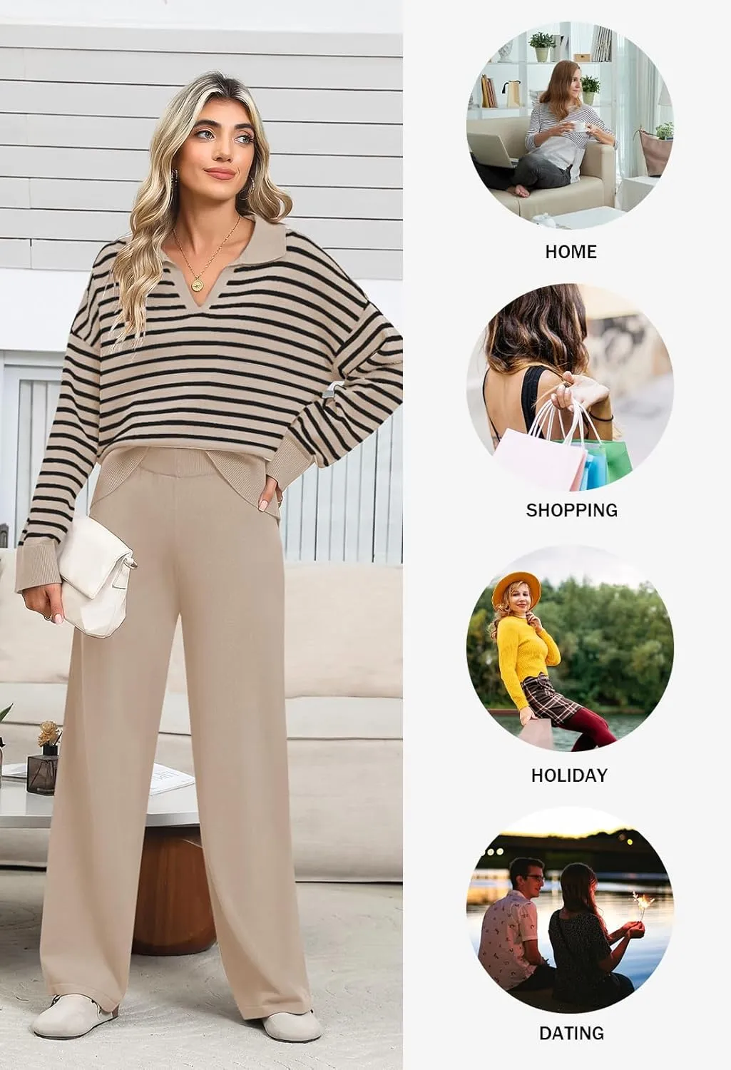 Pink Queen Sweater Sets for Women 2 Piece Long Sleeve Collar V Neck Sweatsuit Knitted Stripe Pajamas