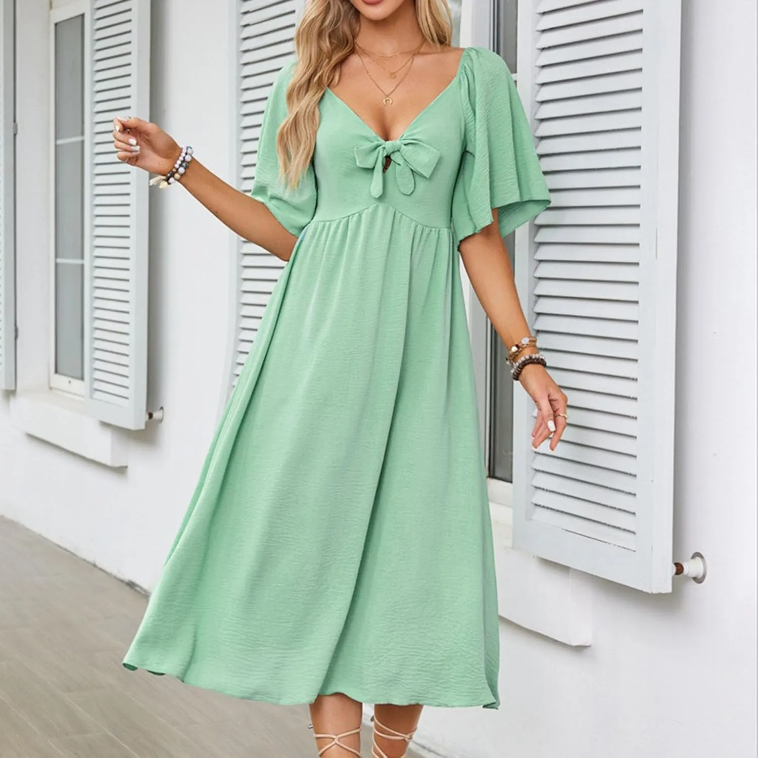 Plus Size Dresses for Curvy Women Summer Casual Deep V Neck Elegant Bow Tie Ruffle Sleeves Flowy A-Line Midi Dress