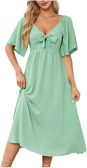 Plus Size Dresses for Curvy Women Summer Casual Deep V Neck Elegant Bow Tie Ruffle Sleeves Flowy A-Line Midi Dress