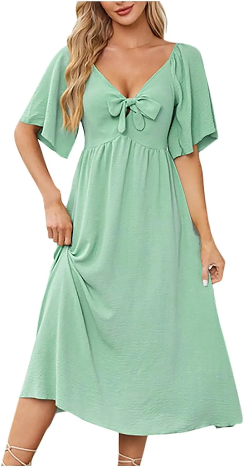 Plus Size Dresses for Curvy Women Summer Casual Deep V Neck Elegant Bow Tie Ruffle Sleeves Flowy A-Line Midi Dress