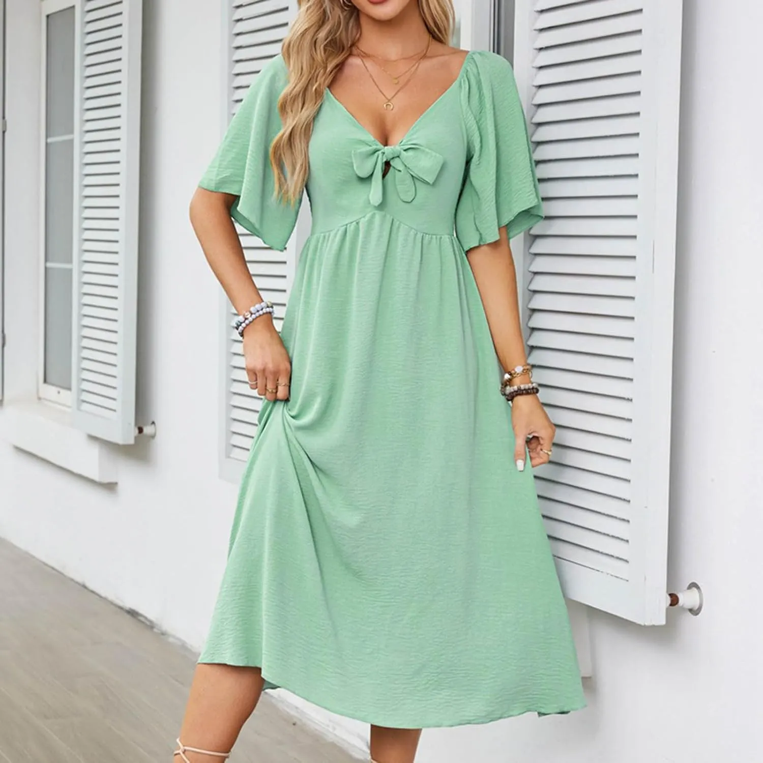 Plus Size Dresses for Curvy Women Summer Casual Deep V Neck Elegant Bow Tie Ruffle Sleeves Flowy A-Line Midi Dress