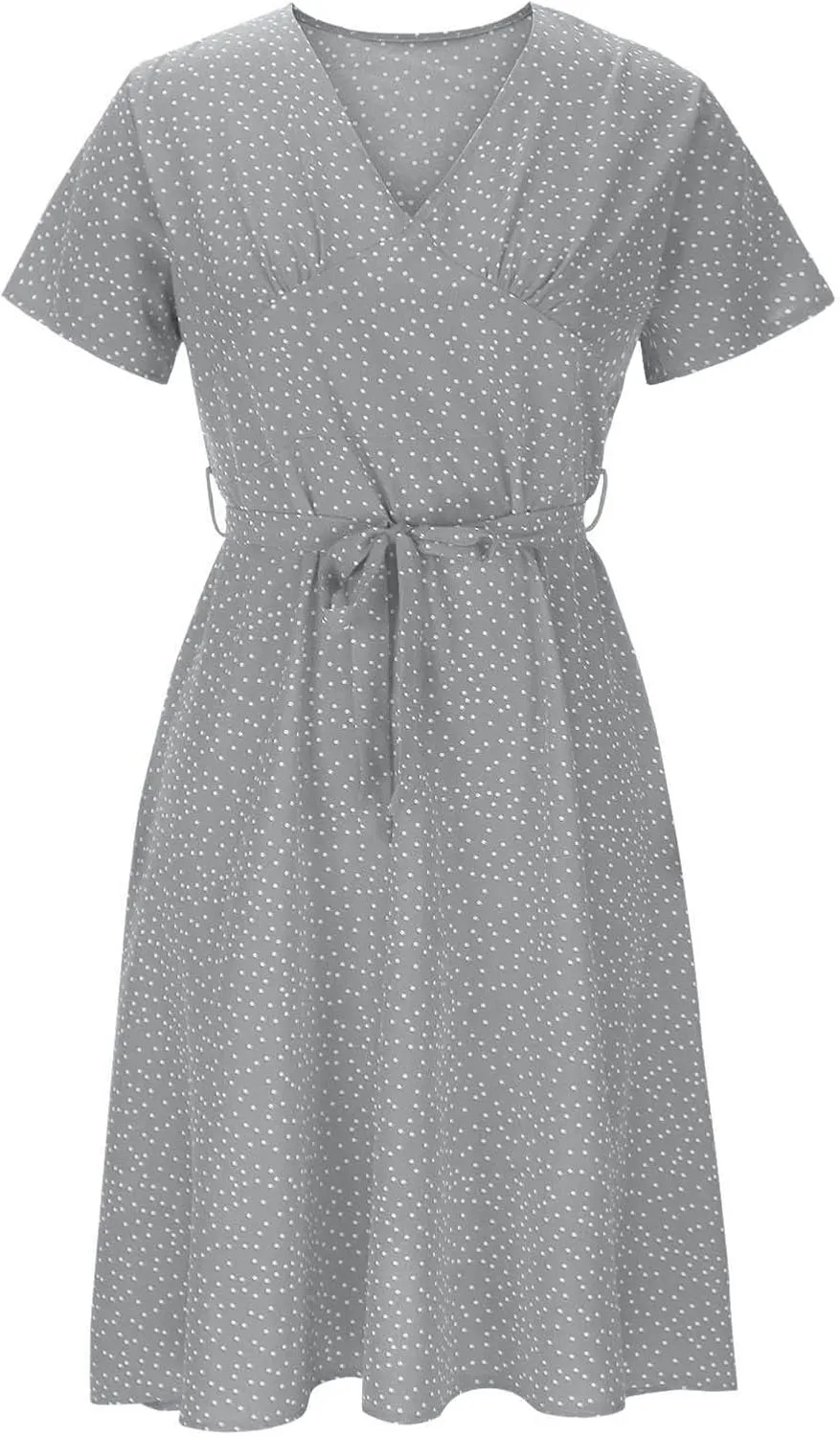 Plus Size Dresses for Wedding Guest Women's Wrap V Neck Short Sleeve Tie Waist Midi Dress Casual Flowy Sundress