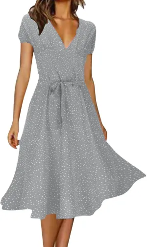 Plus Size Dresses for Wedding Guest Women's Wrap V Neck Short Sleeve Tie Waist Midi Dress Casual Flowy Sundress