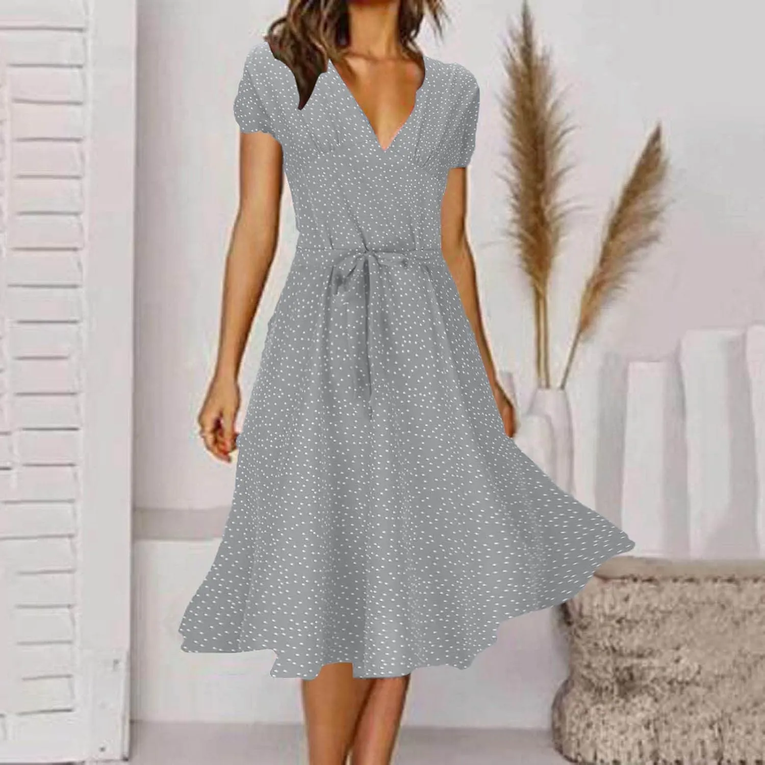 Plus Size Dresses for Wedding Guest Women's Wrap V Neck Short Sleeve Tie Waist Midi Dress Casual Flowy Sundress