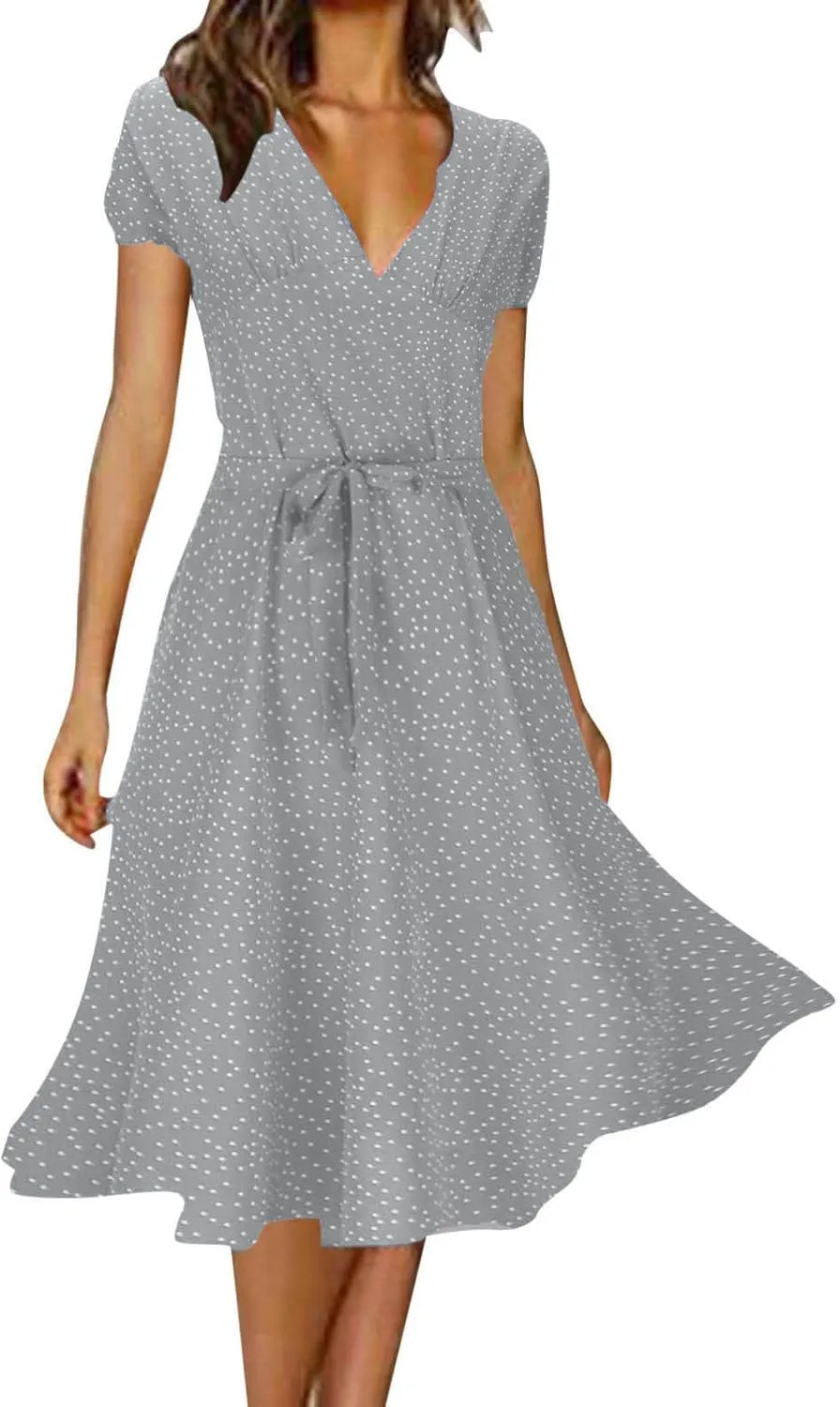 Plus Size Dresses for Wedding Guest Women's Wrap V Neck Short Sleeve Tie Waist Midi Dress Casual Flowy Sundress