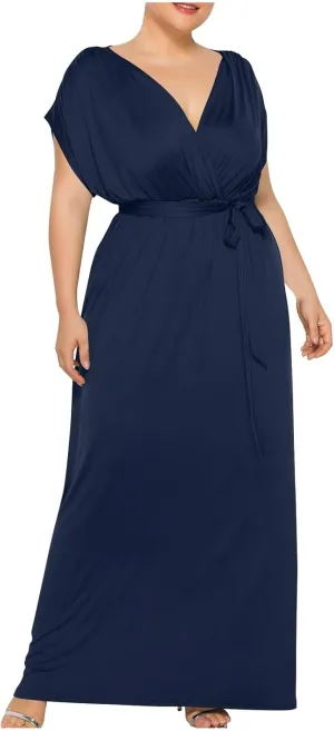 Plus Size Summer Dress for Women Fashion Solid Color Sundress Warp V Neck Short Sleeve Flowy Maxi Long Dresses
