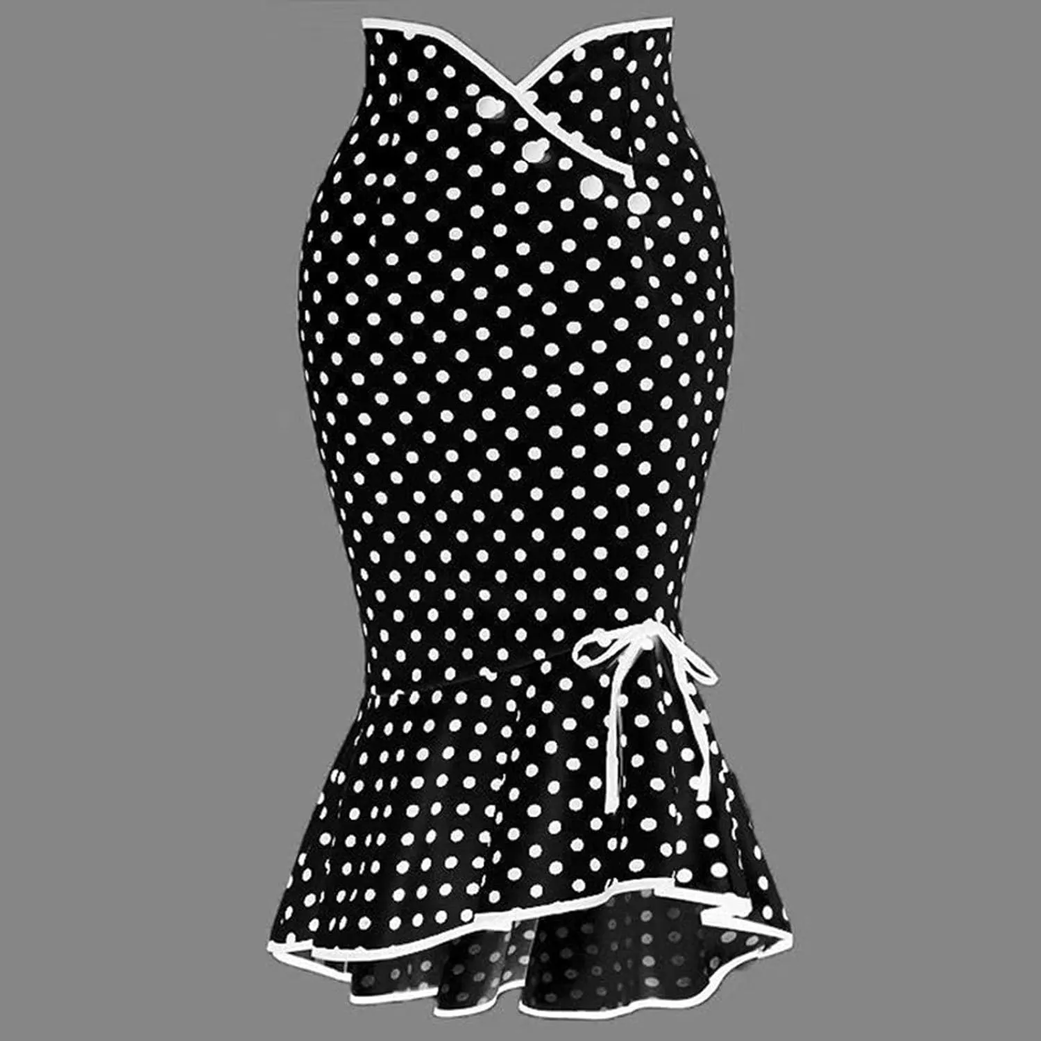 Retro Polka Dot Fishtail Midi Skirt for Women A Line Crossover High Waist Lace Up Ruffle Hem Bodycon Party Pencil Skirt