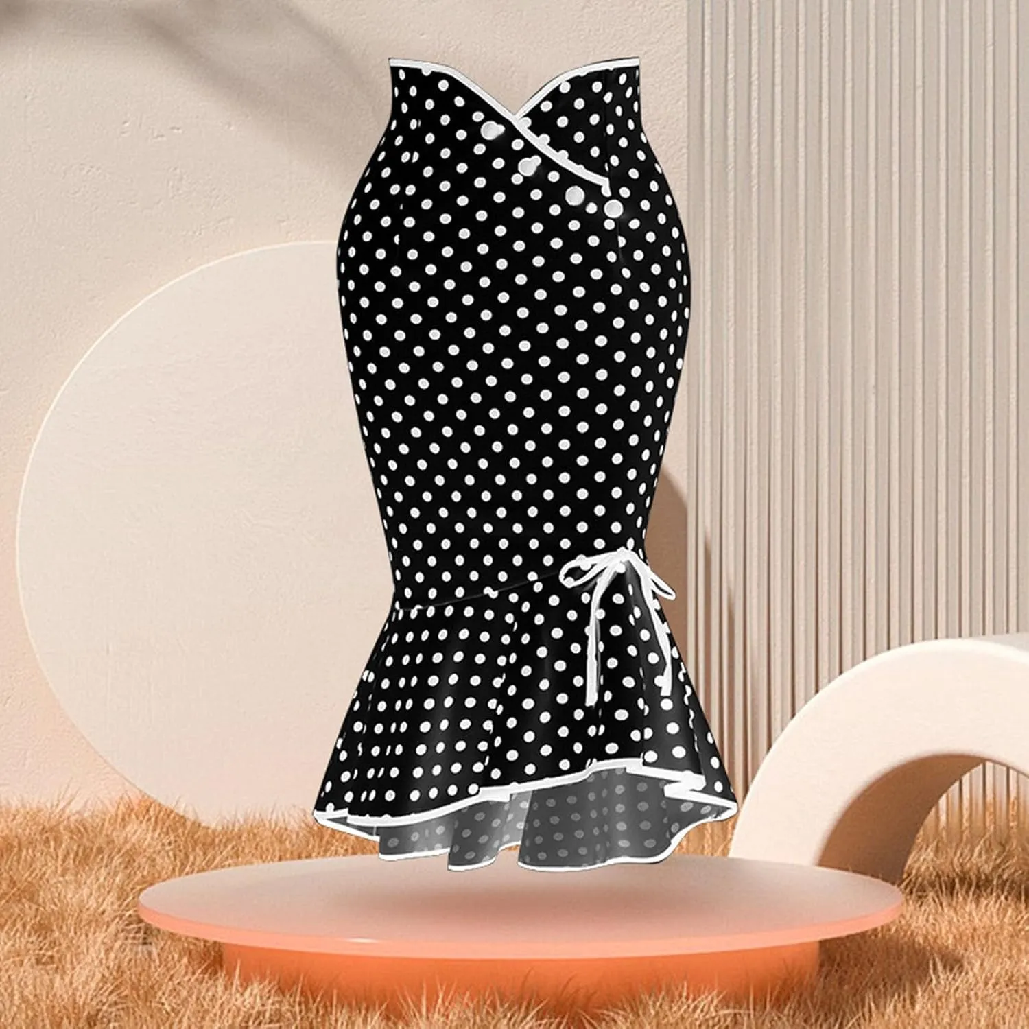 Retro Polka Dot Fishtail Midi Skirt for Women A Line Crossover High Waist Lace Up Ruffle Hem Bodycon Party Pencil Skirt