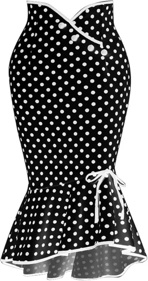 Retro Polka Dot Fishtail Midi Skirt for Women A Line Crossover High Waist Lace Up Ruffle Hem Bodycon Party Pencil Skirt