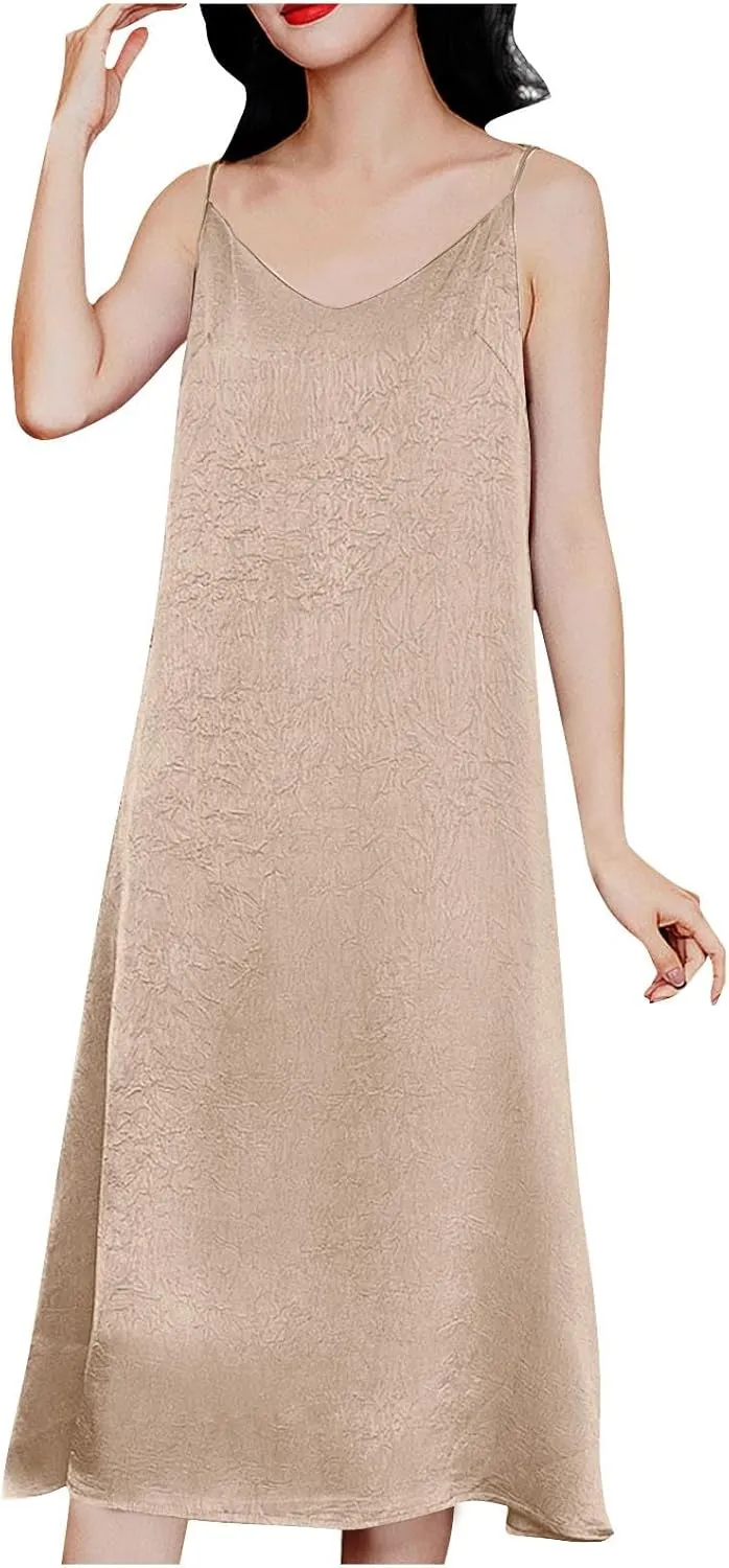 Satin Silk Midi Dress for Women Spaghetti Strap Cowl Neck Dresses Casual Fashion Ruched Evening Party Cocktail Dress