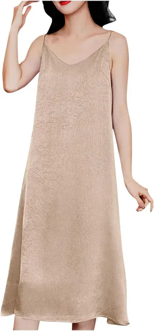 Satin Silk Midi Dress for Women Spaghetti Strap Cowl Neck Dresses Casual Fashion Ruched Evening Party Cocktail Dress