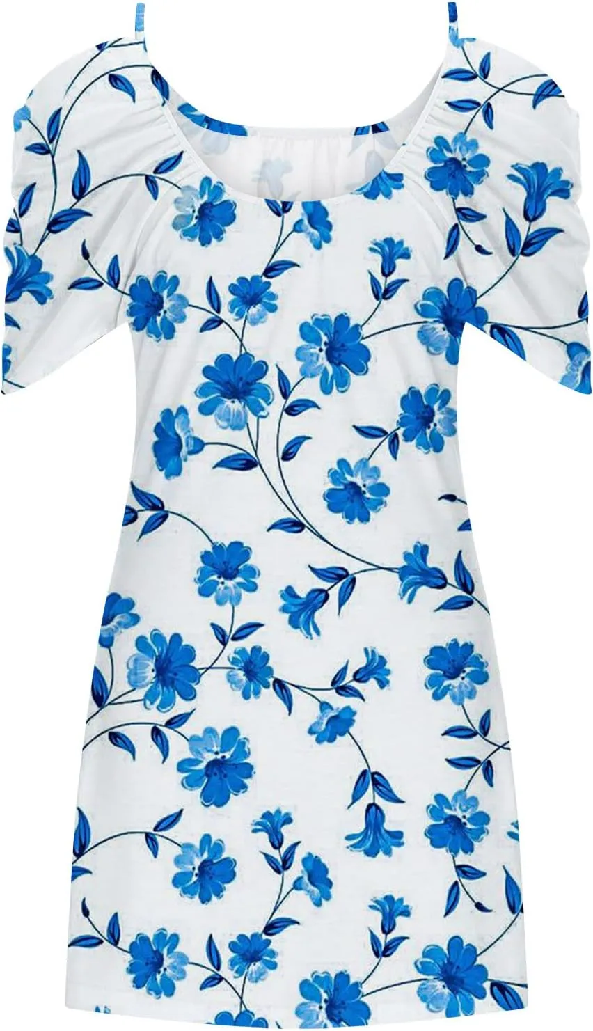 Sexy Dresses for Women 2024 Plus Size Floral Print Open Shoulder Short Beach Sundress Loose fit Crew Neck Mini Dress